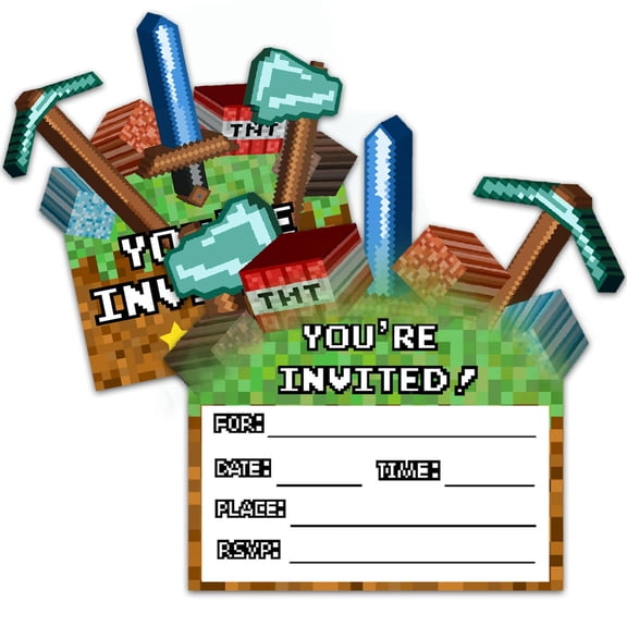 Pixel Birthday Party Invitations Video Game Party Invitations - 20 sets of 5.7 x 6 inch double-sided fill-in invitations with envelopes and stickers Y114