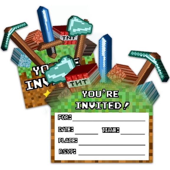 Pixel Birthday Party Invitations Video Game Party Invitations - 20 sets of 5.7 x 6 inch double-sided fill-in invitations with envelopes and stickers
