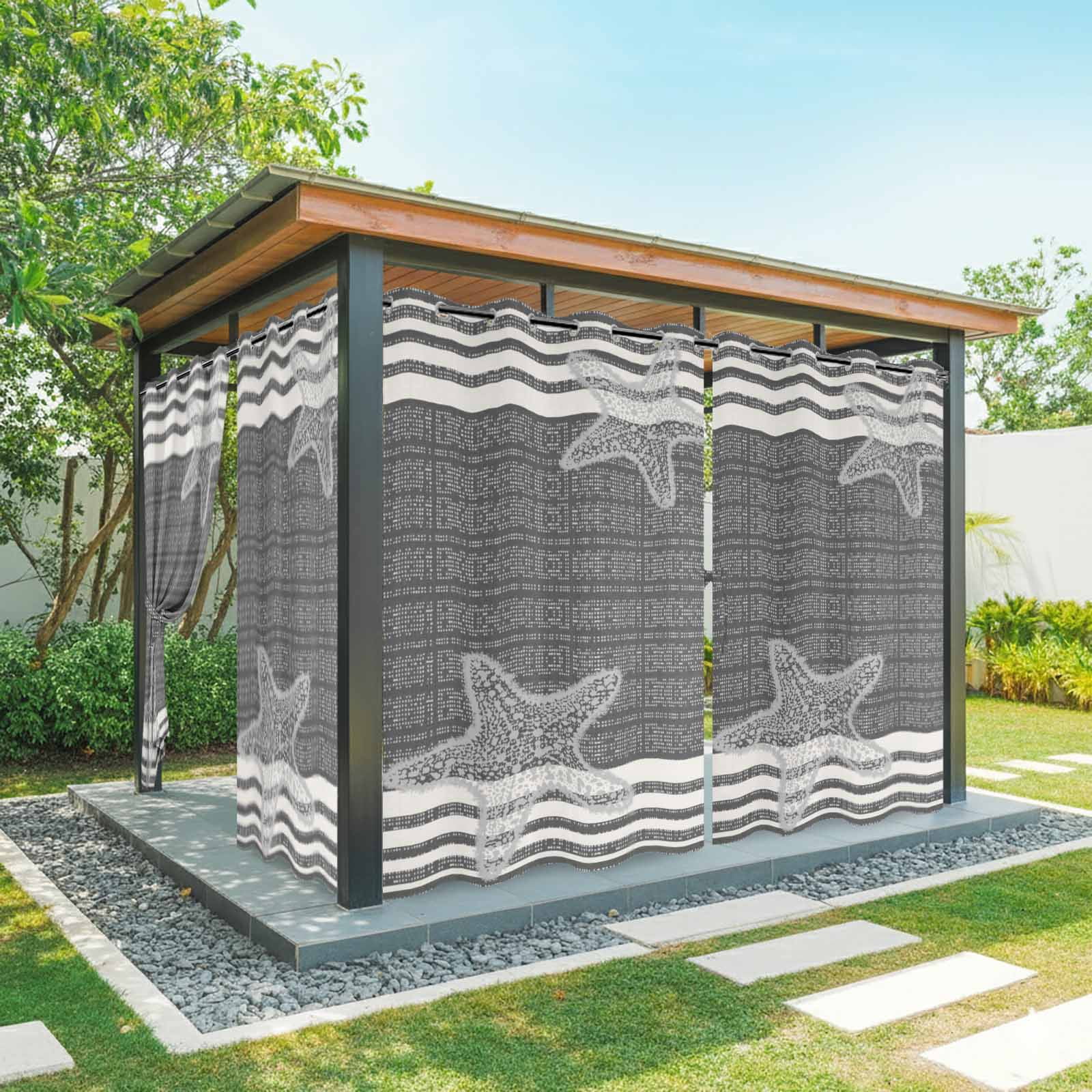 Pixel Black Star Outdoor Curtains for Patio, Modern Abstract Nautical Ocean Beach Starfish Stripe Sunshade Privacy Drapes Grommet Waterproof Outside Curtains for Porch Balcony 54"x108", 1 Panel