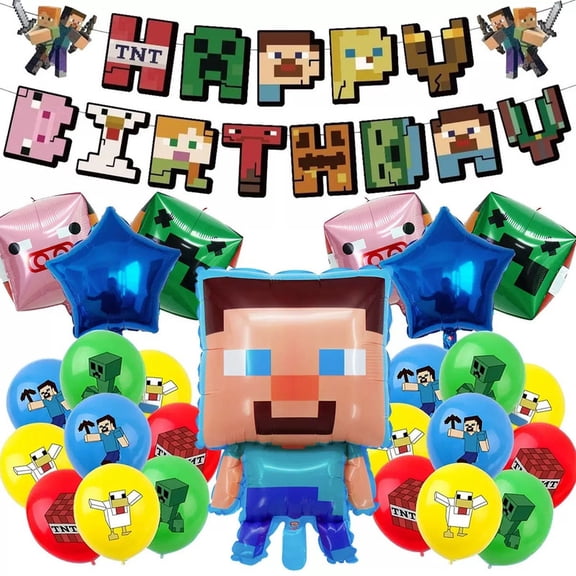 Pixel Block Birthday Party Decorations, Retro GamingStyle Supplies Kit with Happy Birthday Banner, 20 Latex Balloons & 7 Foil Balloons