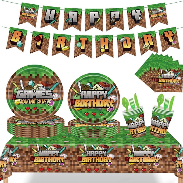 Pixel Block Gaming Birthday Party Supplies, Tableware Kit with Banner ...