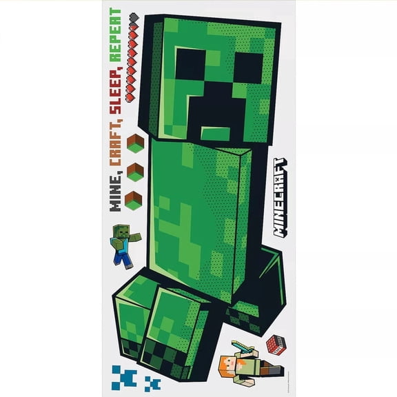 Pixel Block Green Character Wall Decal Set - 22.6" Tall Removable Sandbox Gamer Mural with Mini Adventure Figures & Gaming Text for Gaming Room, Bedroom & Study - Peel & Stick Vinyl Stickers