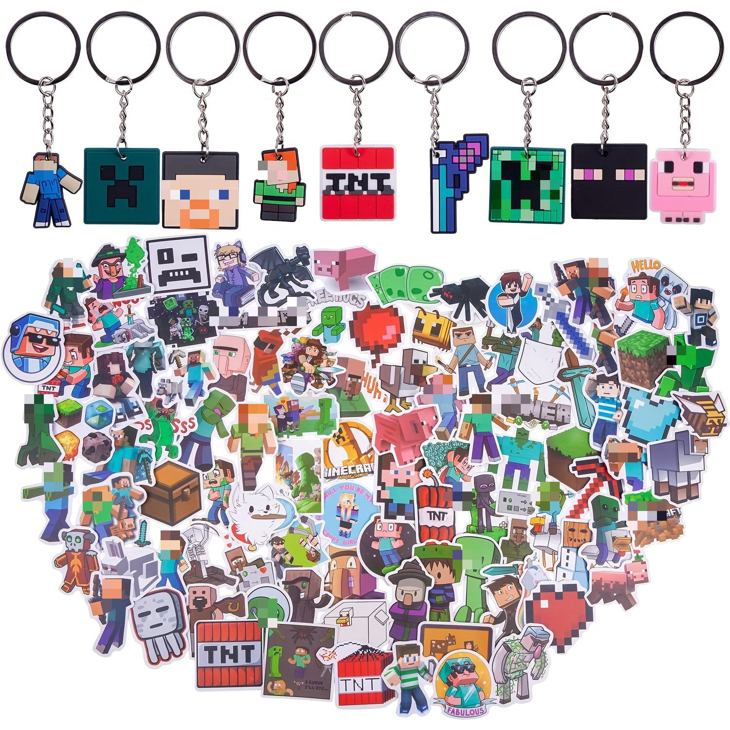 Pixel Block Keychains 9-Pack & 100 Stickers Bundle - 2in Silicone ...