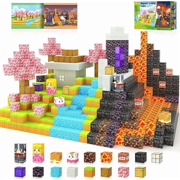 Pixel Block Magnetic Building Set - 8-Bit Sandbox World Cubes with Strong 8-Magnet Tech - Large DIY Scenery Builder for Gamers, Teens & Adults