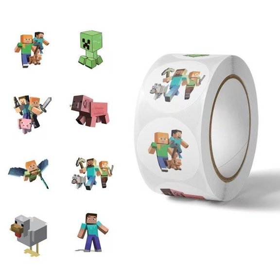 Pixel Block Round Sticker Roll - Retro Sandbox Character Self-Adhesive Decals for Notebooks, Laptops & Water Bottles - Waterproof Vinyl Mini Labels for Gamers & DIY Craft