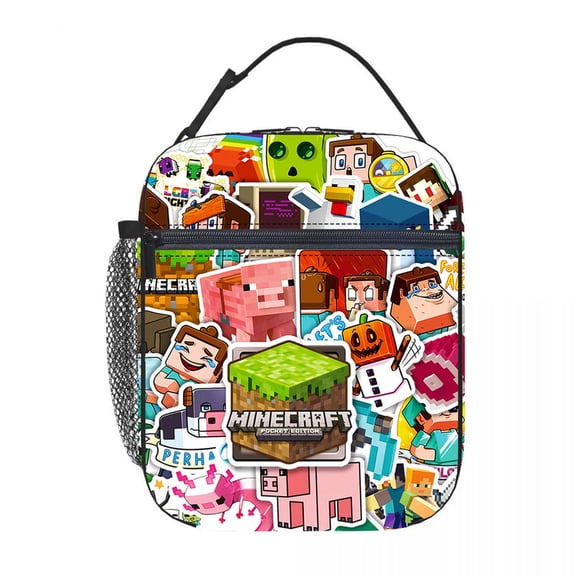 Pixel Block Sandbox Survival Insulated Lunch Bag - 10" Thermal Cooler Tote for Work, School & Travel - Leakproof PEVA Liner with Buckle Handle and Mesh Side Pocket