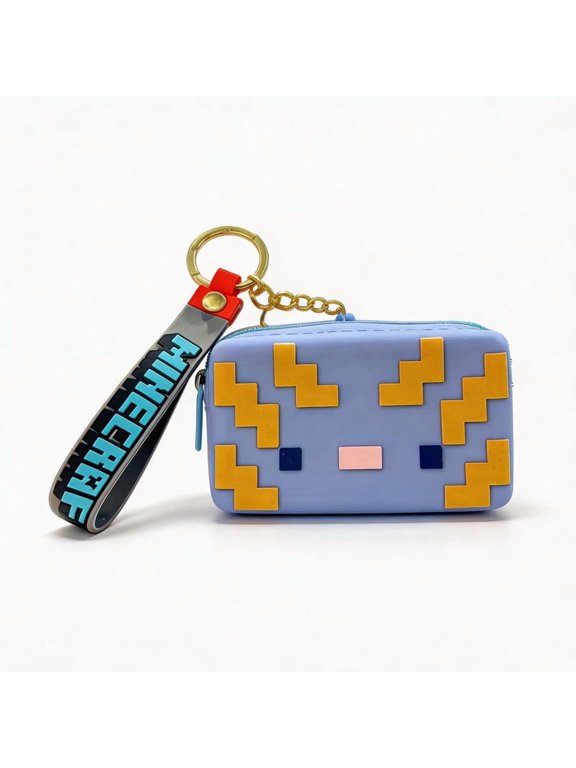 Pixel Blue Axolotl Zipper Coin Pouch & Keychain - 8-Bit Sandbox Rubber Mini Purse with Keyring & Carrying Loop for Coins, Earbuds & Keys - Compact Gamer Accessory for Backpacks & Everyday Carry