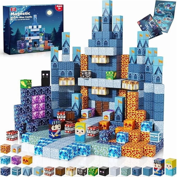 Pixel Blue Castle Magnetic Building Set - 100 Pcs 8-Bit Fantasy Sandbox Cubes with Knight, Princess, TNT & Lava Blocks - Large DIY Desk Decoration Kit for Gamers, Teens & Adults