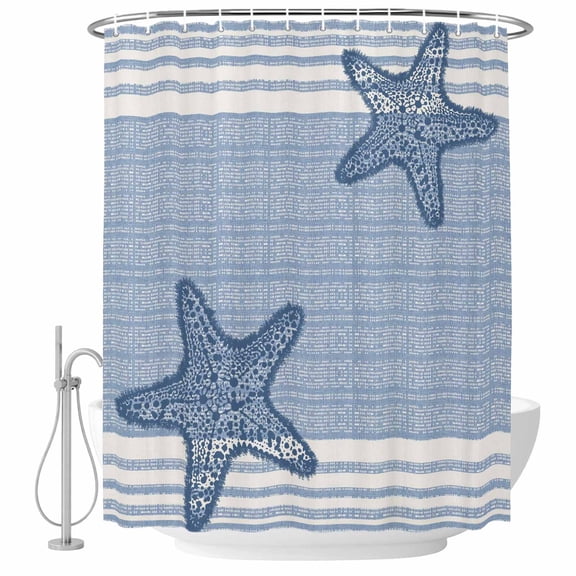 Pixel Blue Star Shower Curtain for Bathroom, Modern Abstract Nautical Ocean Beach Starfish Stripe Waterproof Machine Washable Shower Curtain Set with Hooks, Bath Decoration for Bathtub Stall 72"x96"