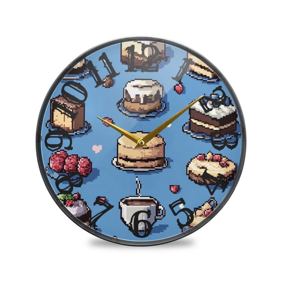 Pixel Cakes Coffee Wall Clock 10 Inch Silent Non Ticking Battery Operated Easy to Read for Kitchen Living Room