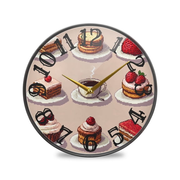 Pixel Cakes and Strawberry Wall Clock 10 Inch Silent Non Ticking Battery Operated Easy to Read for Kitchen Living Room