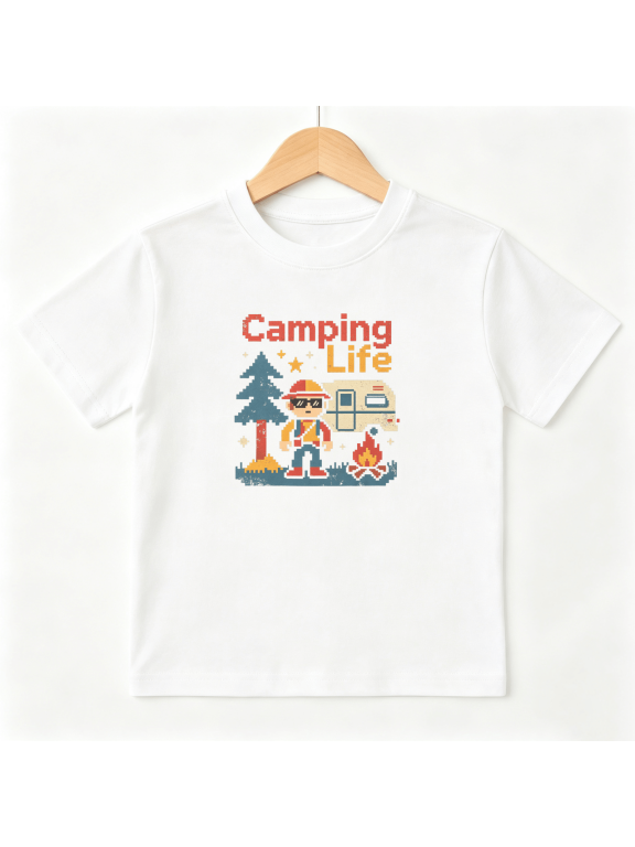 Pixel Camping Life RV Tree Boys Graphic Tee Retro Pixel Art Outdoor Camp Summer 100% Cotton Kids Short Sleeve T-Shirt