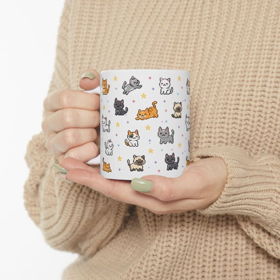 Pixel Cat Mug, Hand Drawn Kitten Pattern Coffee Cup, Retro Cat Lover Gift Ceramic Mug 11oz