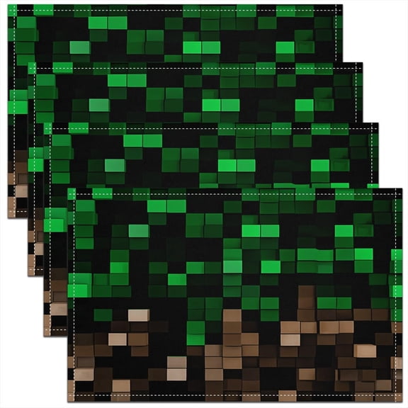 Pixel Checked Kids Placemats Set of 4,Video Games Check Lattice Table Place Mats,Game Cartoon Gamepad Kitchen Decor,Green Brown Placemat Kitchen Table Decoration 12"x18"