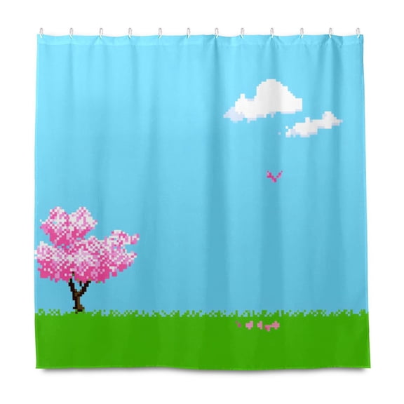 Pixel Cherry Blossom 72x72 Waterproof Shower Curtain Liners Durable Metal C-Hooks Fade-Proof Thermal Print Anti-Splash