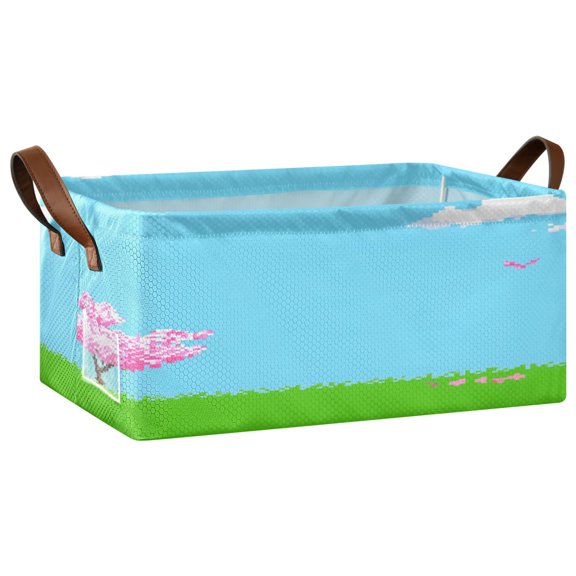 Pixel Cherry Blossom Open Home Storage Bins Foldable Metal Frame Shelf Baskets 16.9x11.4x7.7in Water-Resistant