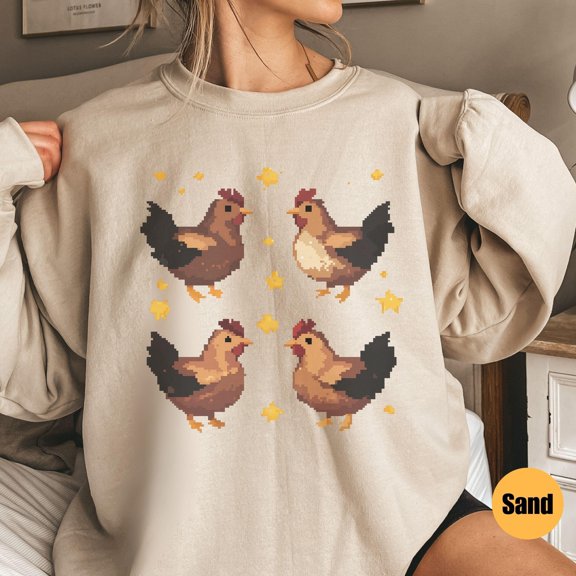 Pixel Chicken T-Shirt Funny Farmer Crewneck Farm T-Shirt Chicken lover gift Farm animal lo