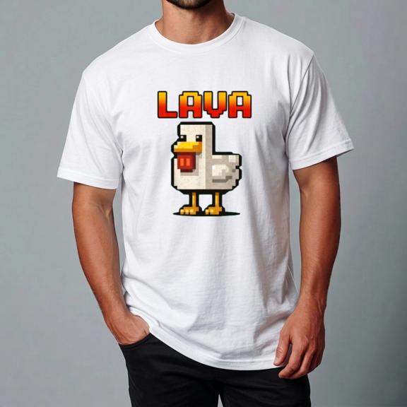 Pixel Chicken with Cooked in Lava Gamer Humor Unisex Tee,S- 5XL