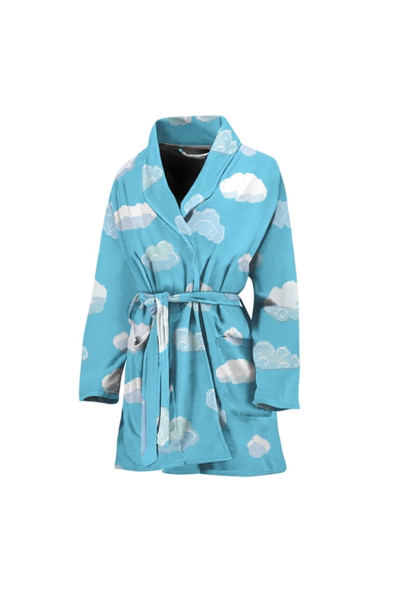 Pixel Cloud Pattern Women Bathrobe One Size Univeral Fits Fashion Lightweight Plush Fleece Long Robe For Women
