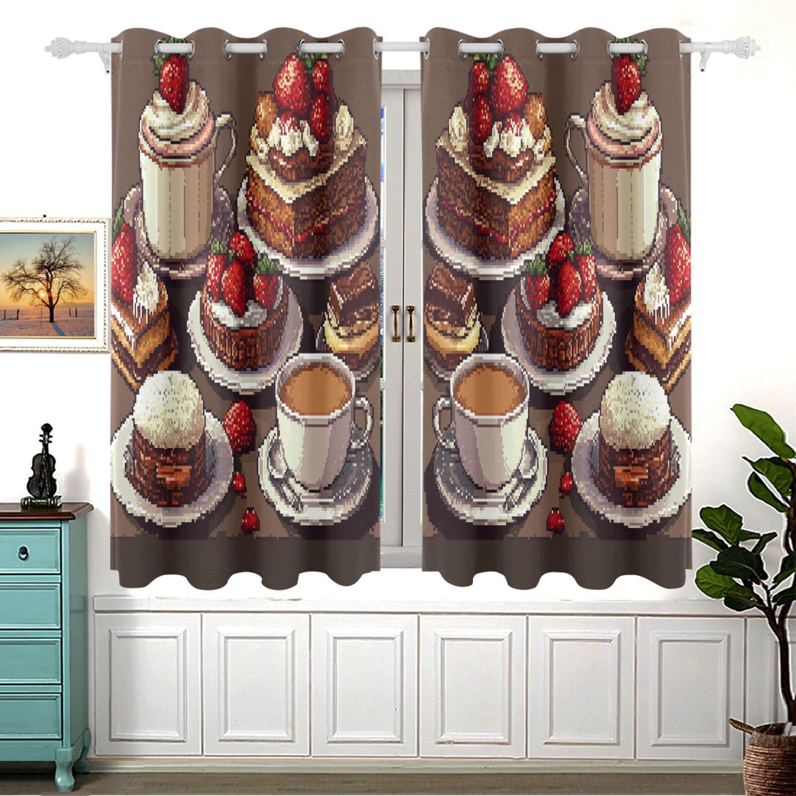 Pixel Coffee Cakes Curtains Grommet Black Out 54 Inch Length Curtain ...