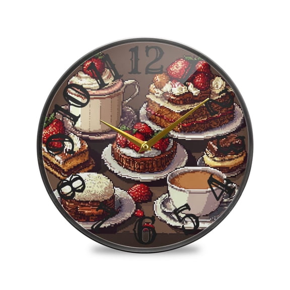 Pixel Coffee Cakes Wall Clock 12 Inch Silent Non Ticking Battery Operated Easy to Read for Kitchen Living Room