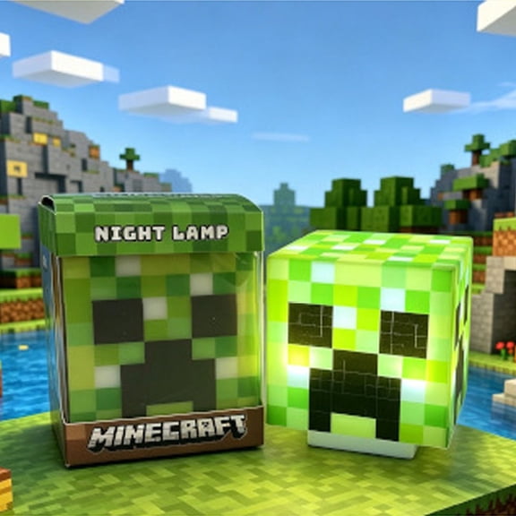 Pixel Creeper Block Night Light - 8-Bit Sandbox Game Cube Lamp for Gaming Room Desk Decor - Warm LED Bedside Light Gift for Gamers