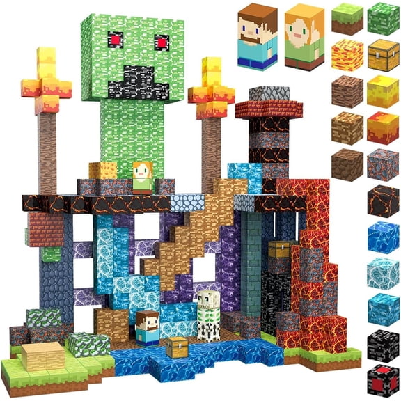 Pixel Creeper World Magnetic Building Set - 160 Pcs 8-Bit Sandbox Cubes with Steve & Alex Characters - Large DIY Desk Decor Kit for Gamers, Teens & Adults