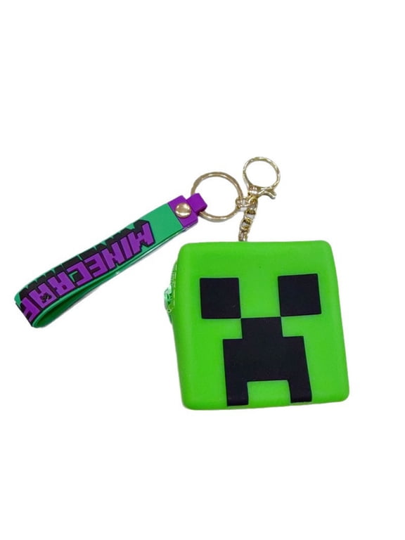 Pixel Creeper Zipper Coin Pouch & Keychain - 8-Bit Sandbox Rubber Mini Purse with Keyring & Carrying Loop for Coins, Earbuds & Keys - Compact Gamer Accessory for Backpacks & Everyday Carry