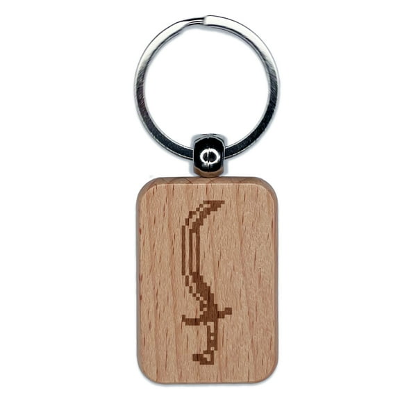 Pixel Curved Sword Scimitar Blade RPG Weapon Rectangle Keychain Charm Tag - Engraved Wood