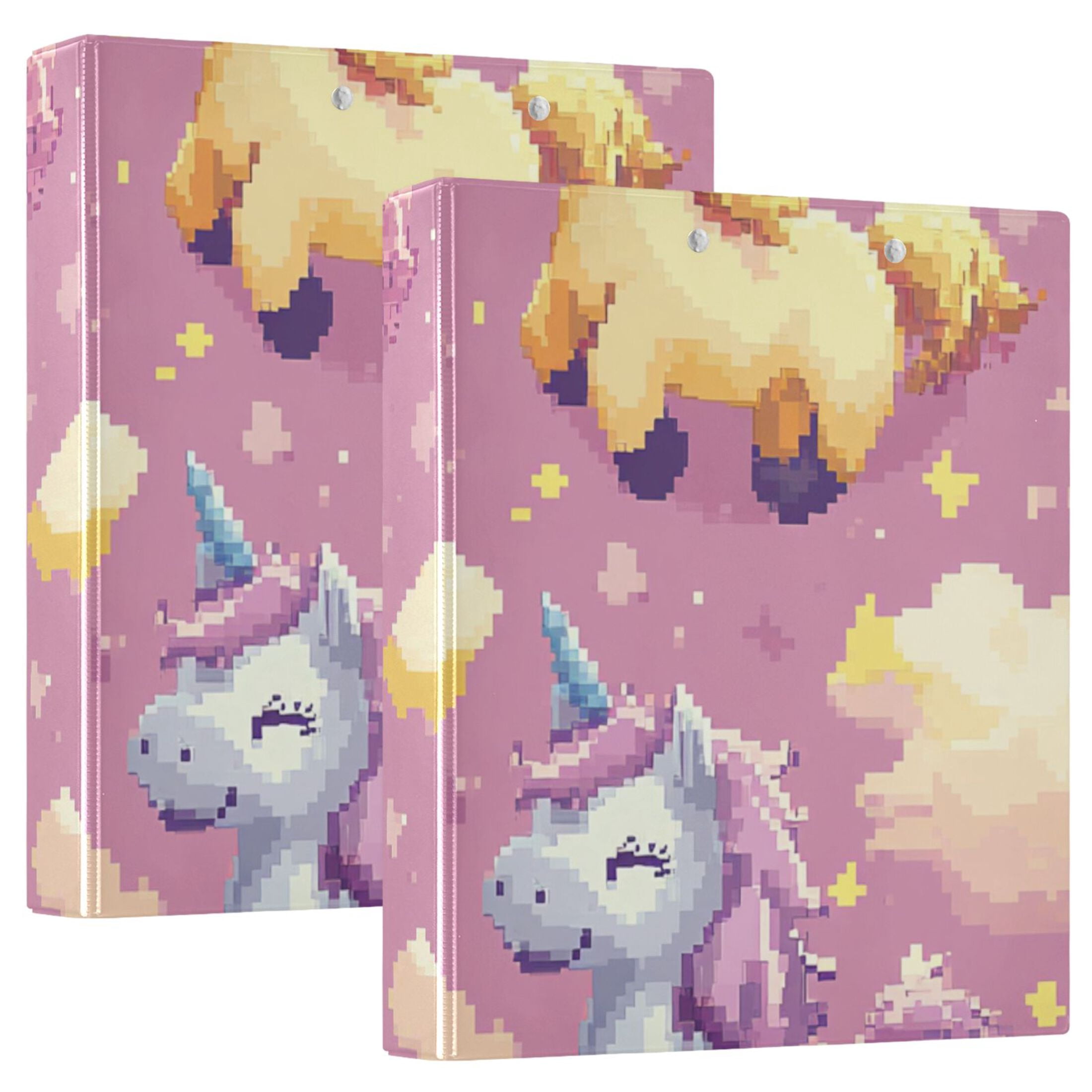 Pixel Cute Unicorns 3 Ring Binders 1.5 inch Hardcover File Folders with Interior Pockets A4 Size Organizer for School Office Hospital
