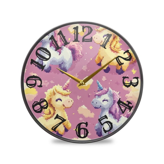 Pixel Cute Unicorns Wall Clock 10 Inch Silent Non Ticking Battery Operated Easy to Read for Kitchen Living Room