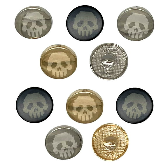 Pixel Digital Skull Set of 10 Metal 0.6" (15mm) Sewing Shank Round Buttons - Black Color