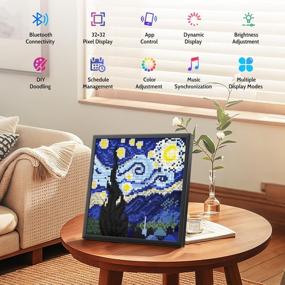Pixel Display 32x32 Programmable Art Digital Picture Frame with Cloud App Control, LED Matrix Clock & Smart Message Board for Bedside Desk Wall Decor