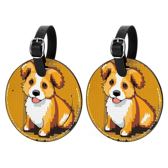 Pixel Dog 2pcs PU Leather Round Bag Tags with Privacy Cover and Name ID Tag - Suitcase Tags for Travel Luggage, Handbags, Backpacks, School Bags
