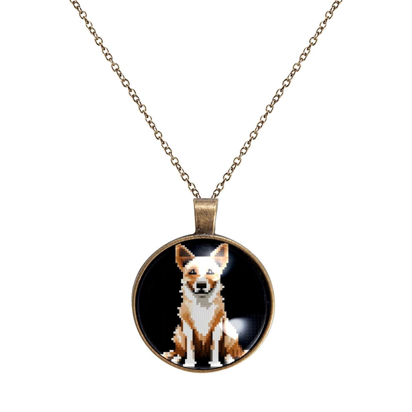 Pixel Dog Pet Animal Elegant Glass Circular Pendant Necklace for Women