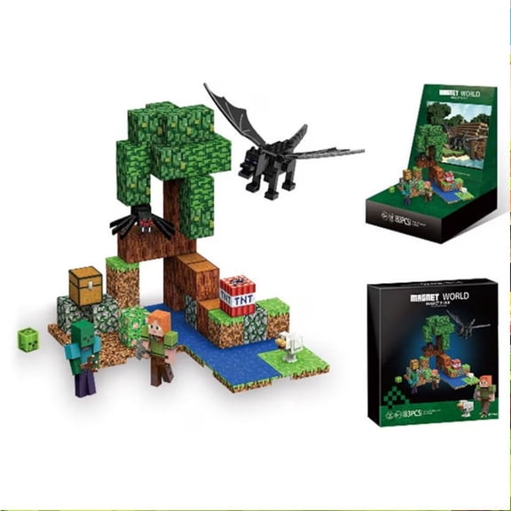Pixel Ender Dragon Sandbox World Magnetic Building Set - 83 Pcs 8-Bit Adventure Cubes with Tree, TNT & Characters - Large DIY Desk Decor Kit for Gamers, Teens & Adults