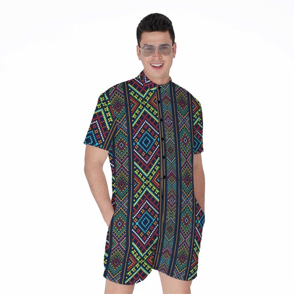 Pixel Ethnic Pattern Short Sleeve Men'S Rompers, Ethnic Casual Summer Jumpsuits Outfit