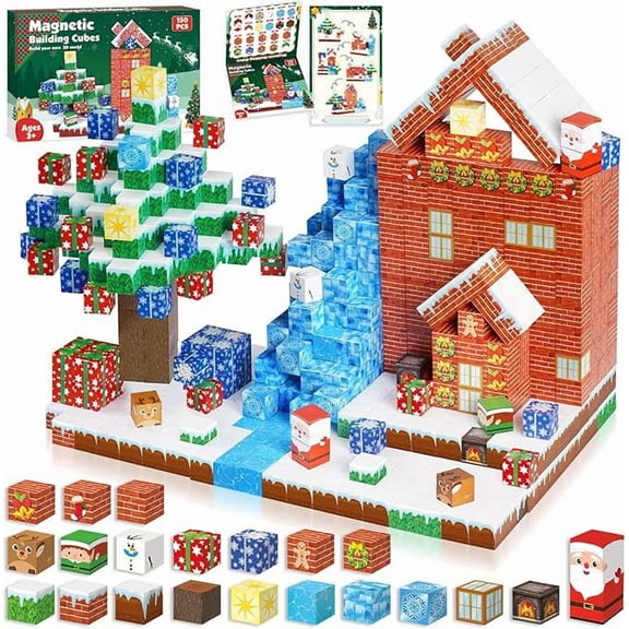 Pixel Christmas Magnetic Building Set - 150 Pcs 8-Bit Winter Sandbox Cubes with Santa, Elf & Snowman - Large DIY Festive Desk Decoration Kit for Gamers, Teens & Adults