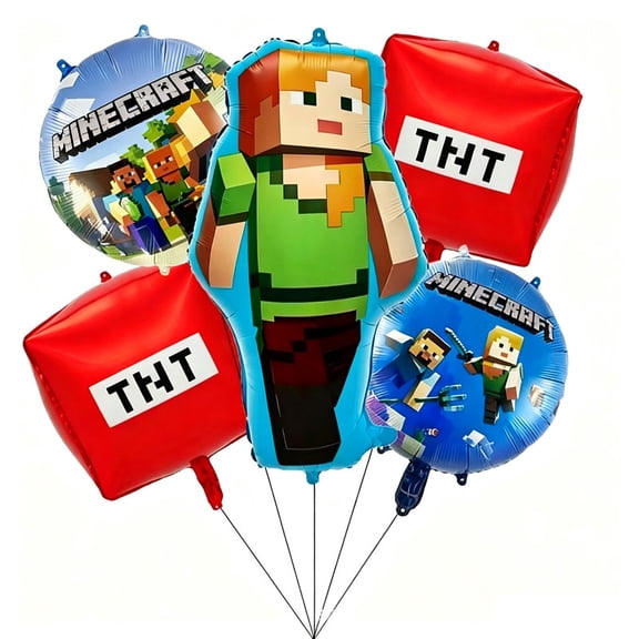 Pixel Female Game Character Foil Balloon 5PCS Set, Red TNT Block & Round Scene Balloons for Retro Video Game Party Decorations