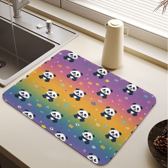 Pixel Flowers Pandas Rainbow Background Diatomite Dish Drying Mat Drain Pad for Kitchen Sink Countertop 15.7" x 11.8"