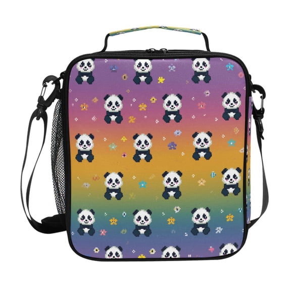 Pixel Flowers Pandas Rainbow Background Insulated Lunch Bag Reusable Lunch Box Lunch Container with Straps
