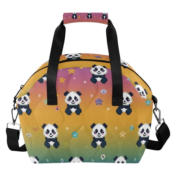 Pixel Flowers Pandas Rainbow Background Insulated Lunch Bag Reusable Quilted Lunch Box Waterproof Leakproof Lunch Container