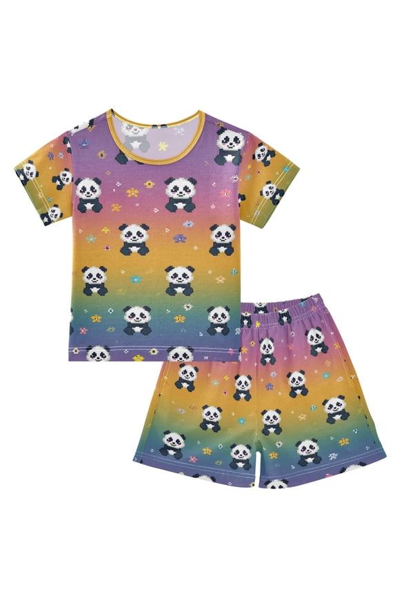 Pixel Flowers Pandas Rainbow Background Pajamas Set Short Sleeves Sleepwear Top with Shorts Loose Fit Lounge Wear Unisex 5Y