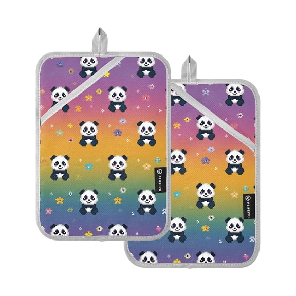 Pixel Flowers Pandas Rainbow Background Potholders Heat Resistant Pot Holder Set of 2 Oven Hot Pads with Pocket