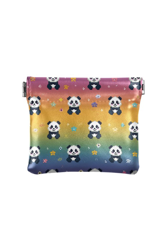 Pixel Flowers Pandas Rainbow Background Women's Coin Purses Change Pouches Wallets Makeup Bags Portable Jewelry Bags Cosmetic Accessories
