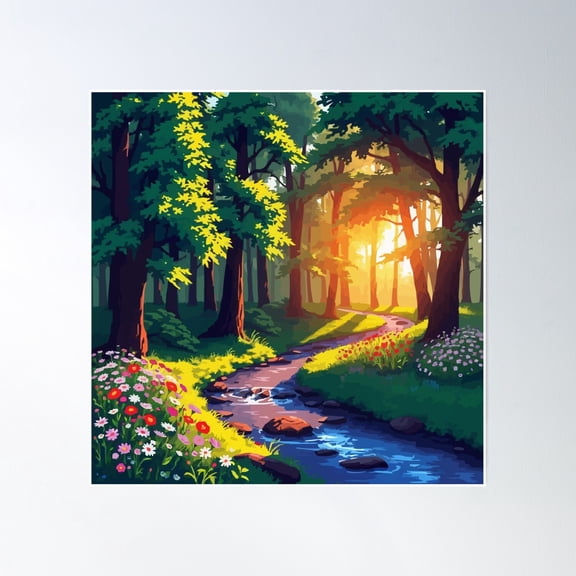 Pixel Forest At Dawn'S First Light Poster Wall Art, Modern Wall Decor, 24x24 UNFRAMED