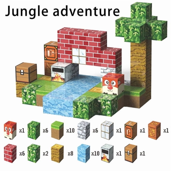 Pixel Fox Forest Adventure Magnetic Building Set - 54 Pcs 8-Bit Sandbox Cubes with Water, Brick & Tree Scenery - Large DIY Desk Decor Kit for Gamers, Teens & Adults