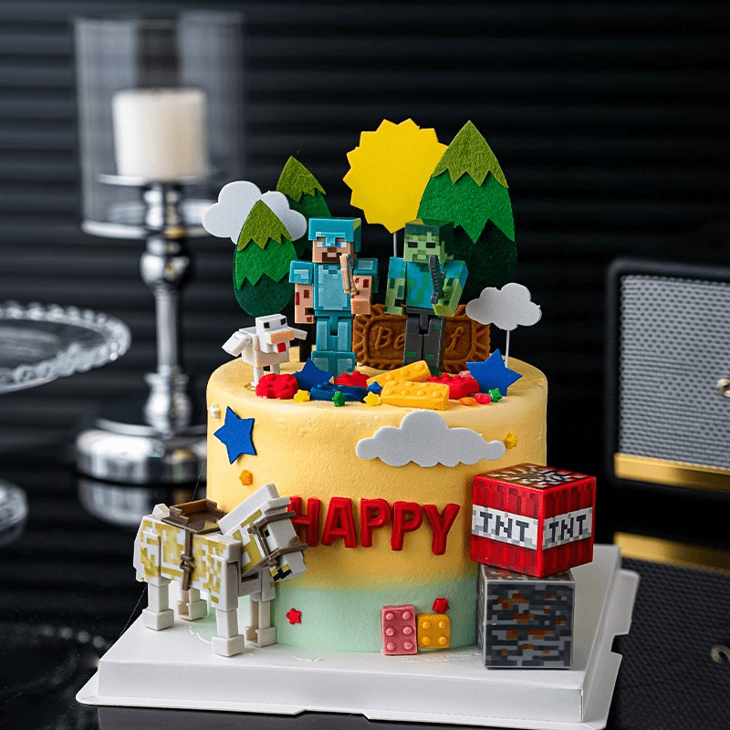 Pixel Game Cake Decorations, 45Pcs Minecraft Cake Decoration Set - 6 Minecraft Birthday Cake Decorations 9 Sun&Cloud Cake Toppers and 30 Pixel Tree Cake Toppers Etc. Pixel Game Party Supplies for Kid