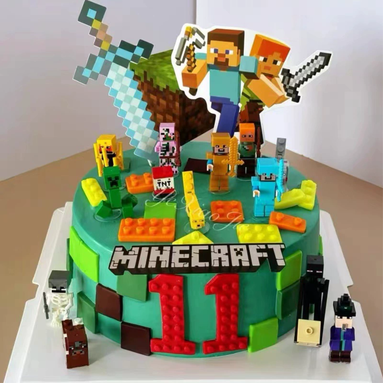 Pixel Game Cake Topper, 4 Pcs Minecraft Cake Decorations Set-Minecraft Birthday Cake Topper for Pixel Game Birthday Party Supplies