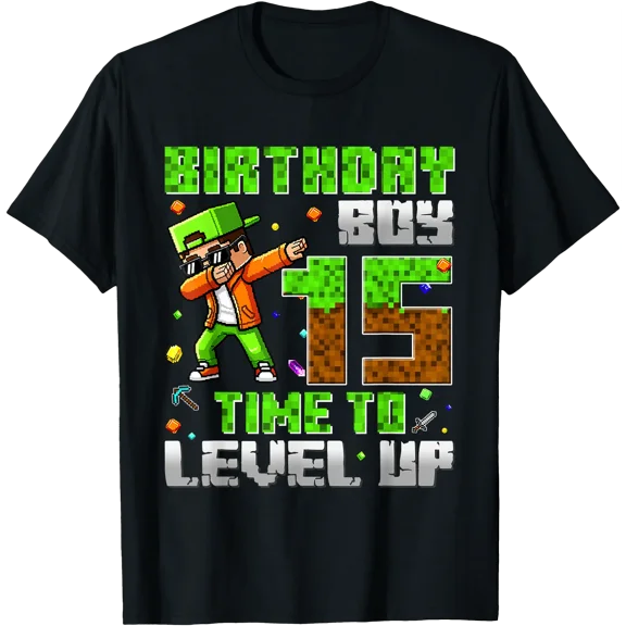 Pixel Game Dabbing Birthday Boy 15 Years Time to Level Up T-Shirt, Unisex T-Shirt